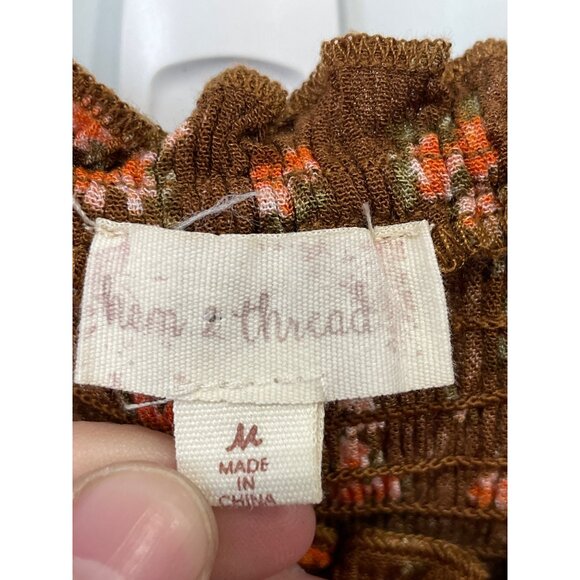 Hem and Thread Floral Smocked Top Women Size M Long Sleeve Brown Bohemian Hippie - Picture 3 of 7